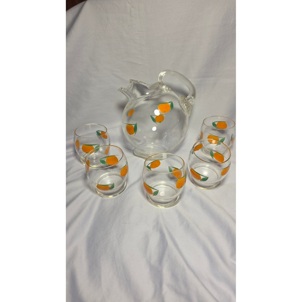 Vintage Orange Fruit Glass Pitcher and 5 Juice Tumbler Set Hand Painted Citrus